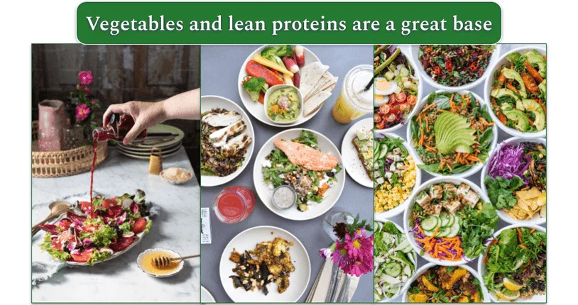 A collection of photos of salads and lean proteins