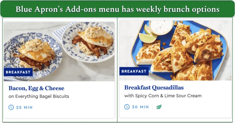 Screengrabs of 2 breakfast options from Blue Apron’s add-on menu