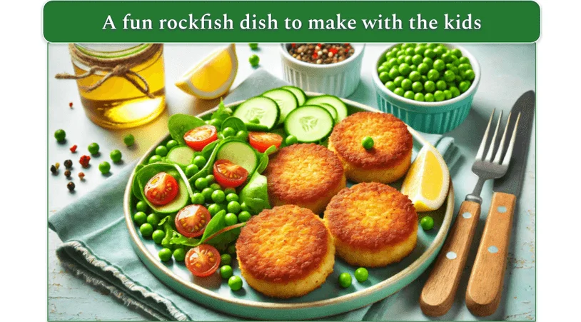 Crispy fishcakes served on a plate with veg and salad
