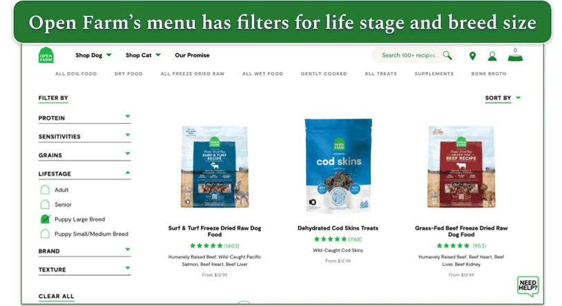 Screenshot of Open Farm’s menu sorted by Puppy Large Breed