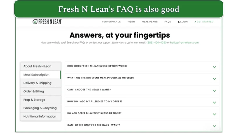 A screenshot of Fresh N Lean's FAQ section