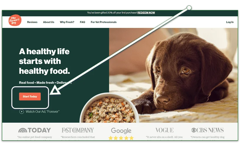 Screenshot of The Farmer's Dog home page with the Start Today button highlighted