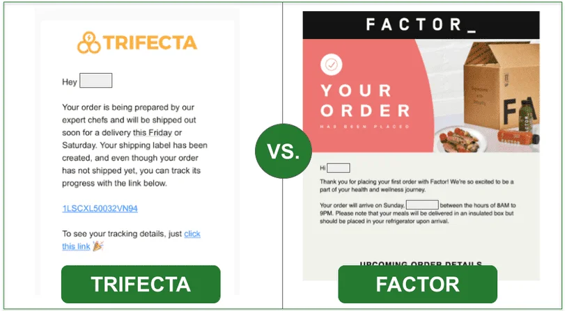 Comparison of Trifecta and Factor's order confirmation screens with Trifecta providing a tracking link