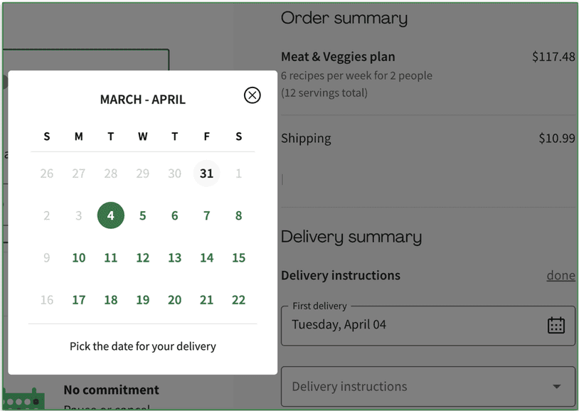 HelloFresh's list of available delivery dates