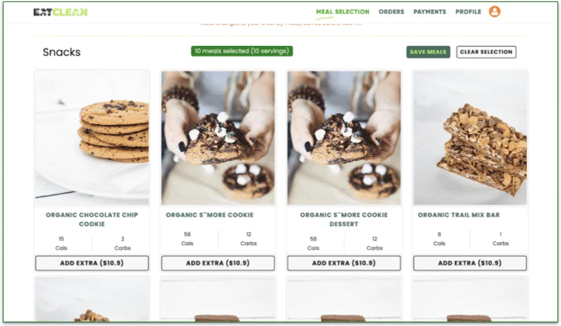 Screenshot of the Snack menu on Eat Clean with cookies and trail bars