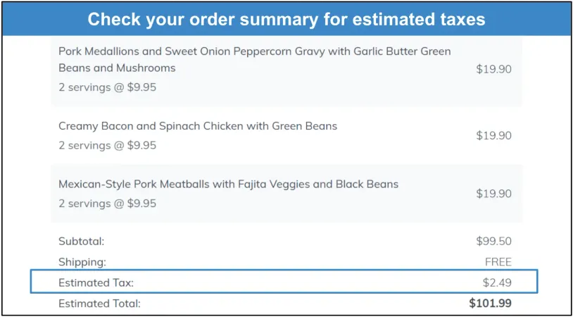 Screenshot of a Home Chef estimated order total including tax