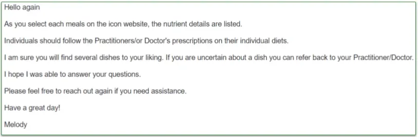 Another answer by Icon Meals customer service agent