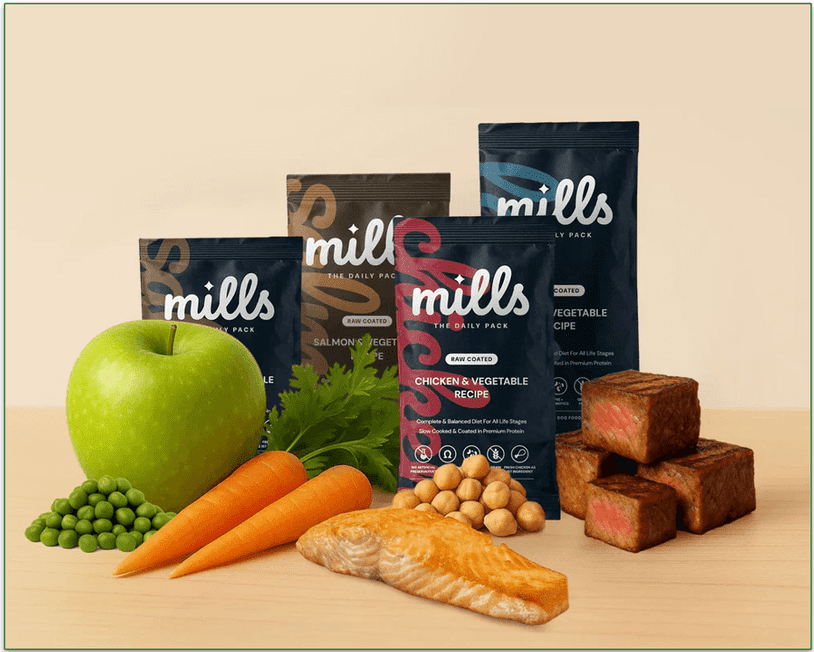 Selection of Mills Daily Packs in different sizes surrounded by fresh ingredients