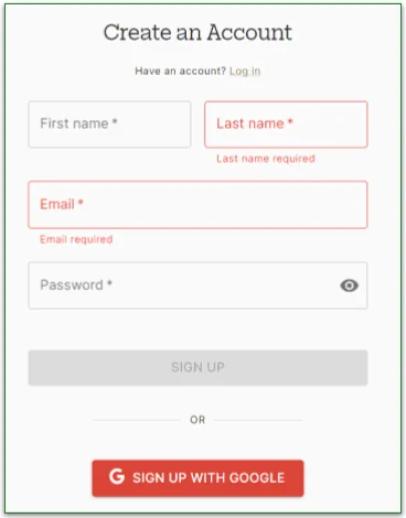 Veestro's menu for creating an account