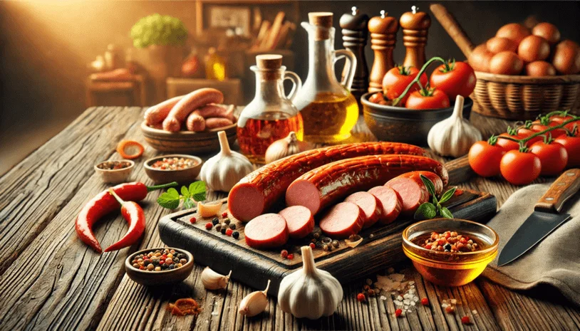 Sliced kielbasa presented on a table with various spices and other ingredients