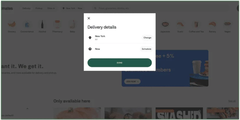 screenshot of entering zip code and delivery time for a Postmates delivery