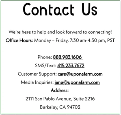 Contact options for Once Upon a Farm customer support.