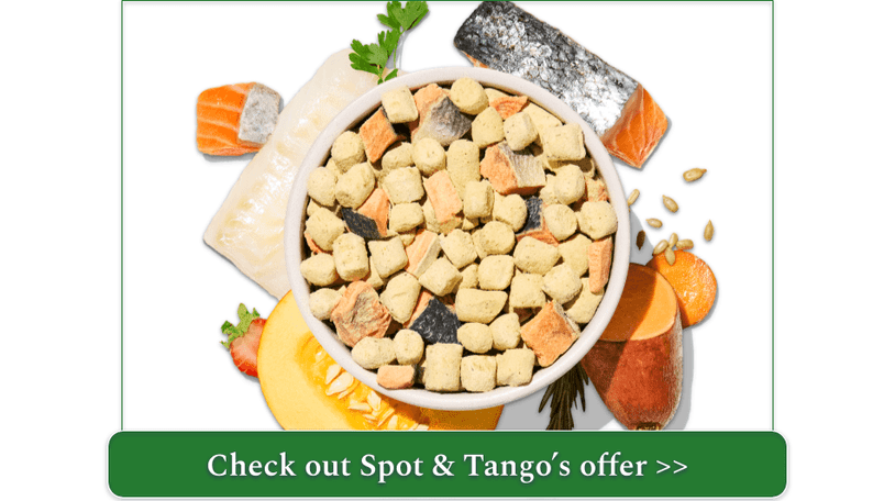 spot & tango’s cod and salmon unkibble in a bowl surrounded by ingredients