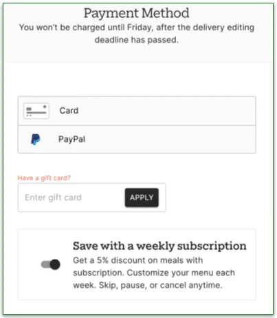 Screenshot of Territory Foods Payment Method page