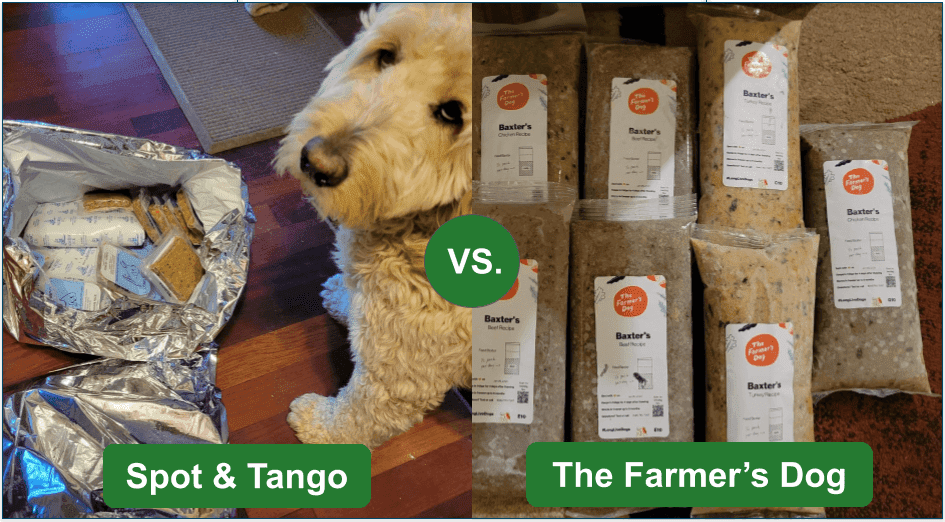 Examples of how Spot & Tango's and The Farmer's Dog's delivery boxes arrive.