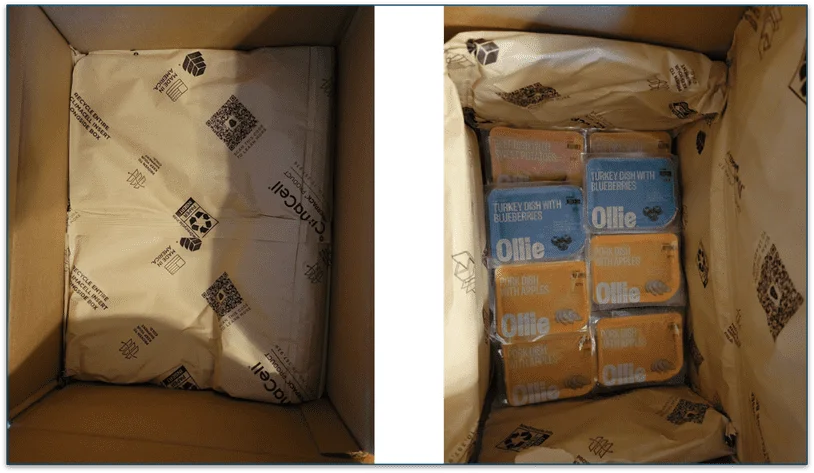 Image of an open Ollie box with ClimaCell lining next to a photo of Ollie's fresh recipes neatly packed in the box