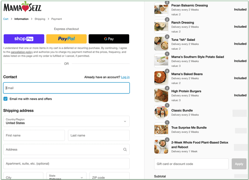 MamaSezz's checkout page