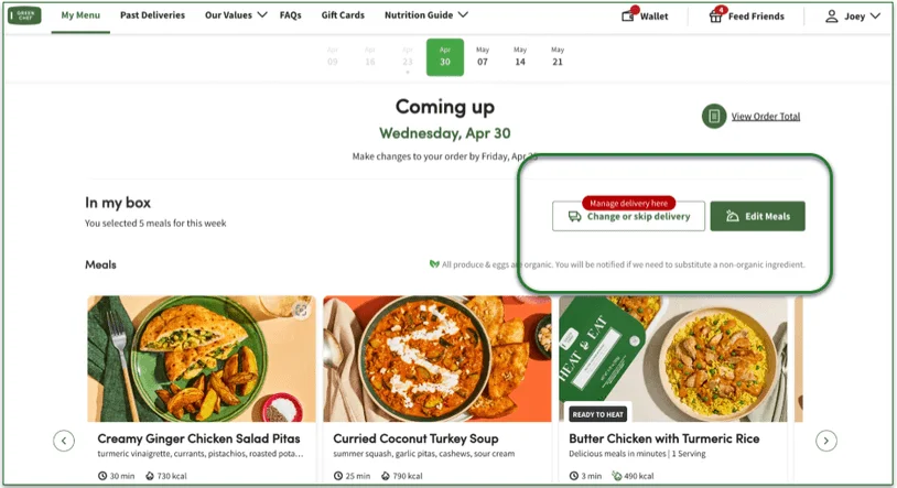 The Green Chef account homepage for active subscribers