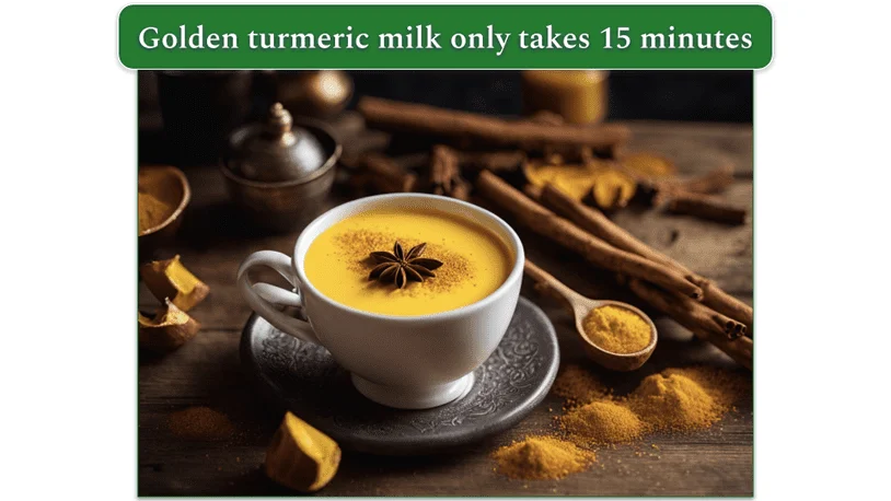 a cup of golden turmeric milk on a table beside various spices