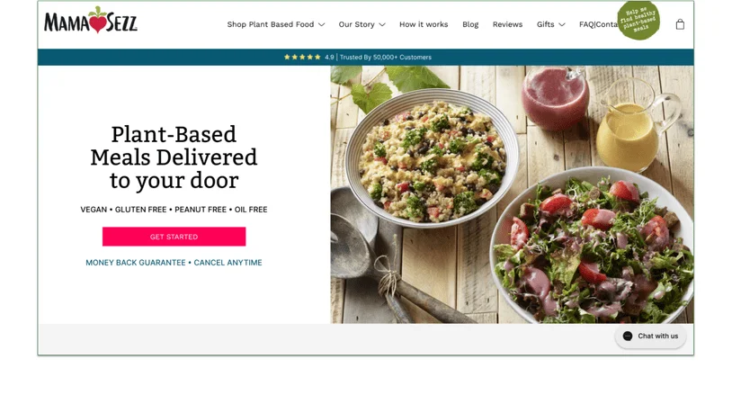MamaSezz's homepage with the "Get Started" button highlighted