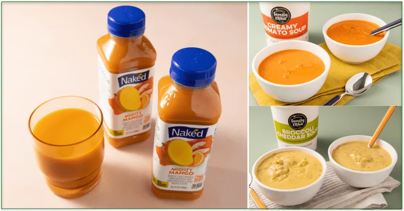 Home Chef's mango smoothie, creamy tomato soup, and broccoli and cheddar soup from the extras menu