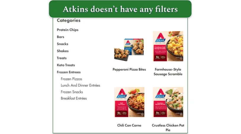 Screenshot of the product menu on Atkins and 4 of the frozen entrees available
