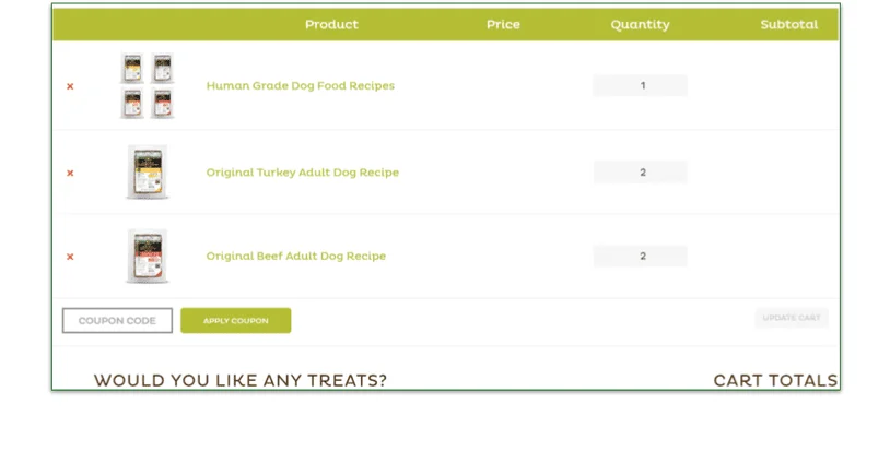 Screenshot of a Raised Right shopping cart