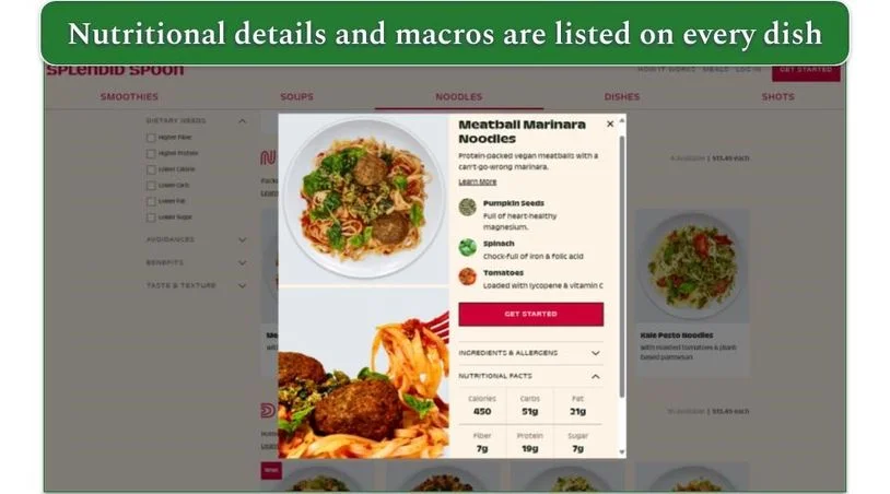 Nutritional facts pop up of Meatball Marinara Noodles