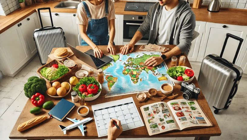 image of a people looking at a map and a planner with suitcases behind them. The map is on a table and there is are salads and bread on the table.