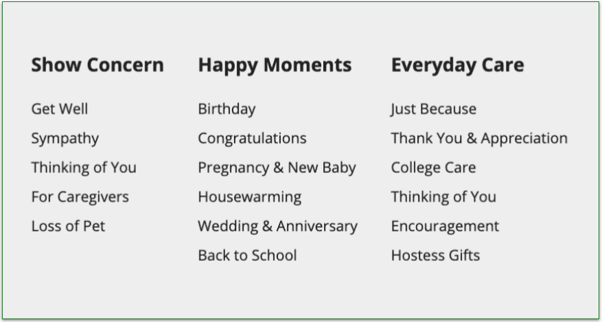 Screenshot of Spoonful of Comfort's Care Package Types