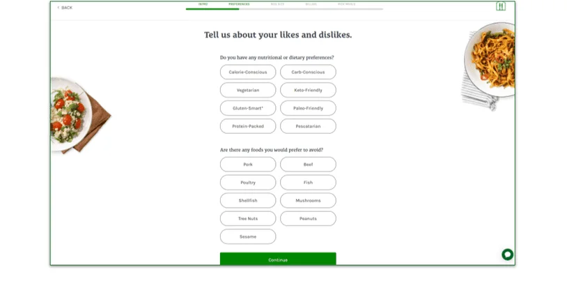 Screenshot of the Fresh and Easy quiz that asks about your preferences an dislikes