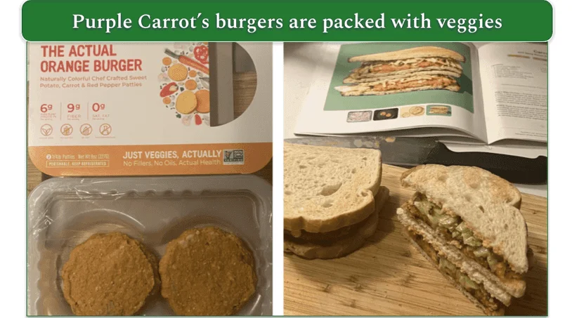 Orange burger patties and Purple Carrot's prepared Carrot Burgers recipe served on a board