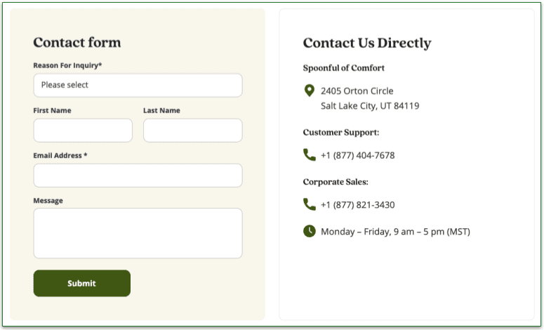 Screenshot from Spoonful of Comfort's Contact page