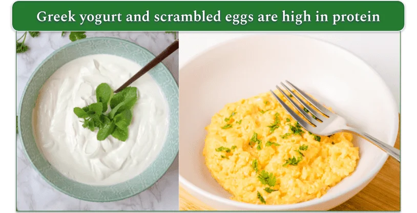 Bowls of Greek yogurt and scrambled eggs