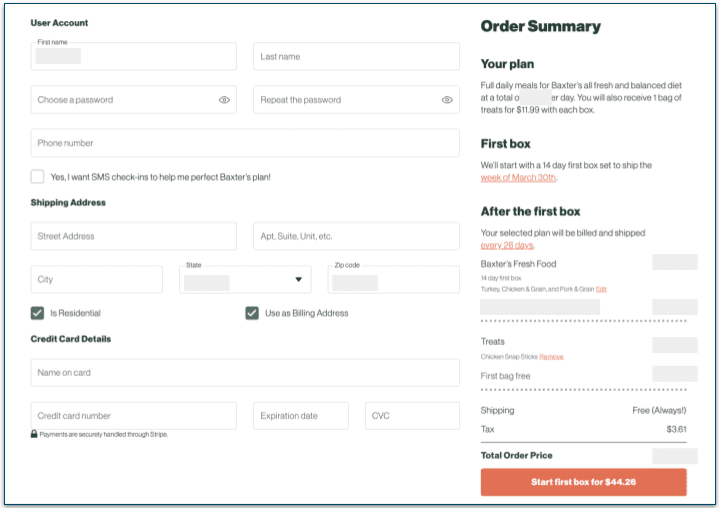 Screenshot of the Checkout screen for delivery, shipping, and payment details