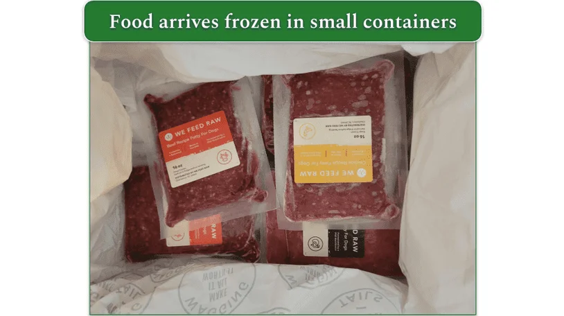 Our reviewers delivery box showing the We Feed Raw food containers packed and frozen