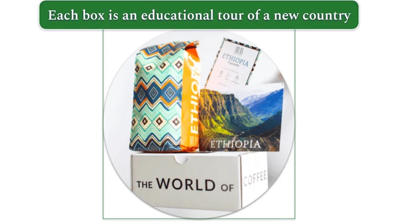 Image of Ethiopian coffee, a postcard, and tasting notes on top of a delivery box