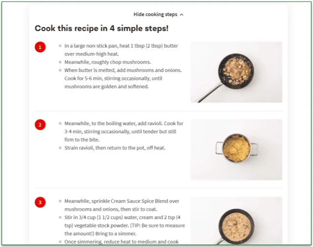 Recipe steps for a dish on Chefs Plate