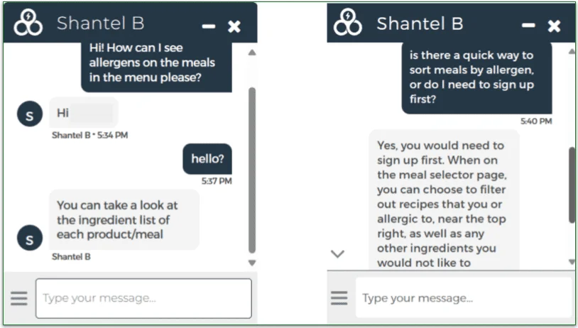 Screenshot of live chat screen with an agent regarding allergens in Trifecta's meals