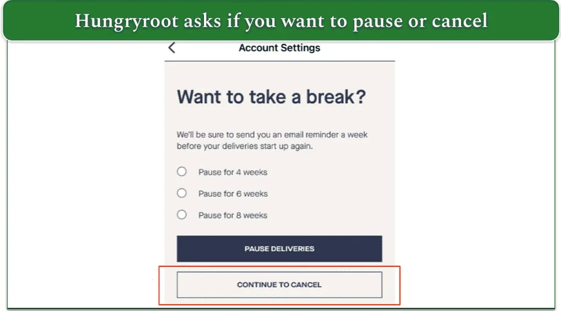 Hungryroot's options to pause or cancel