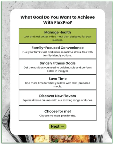 a screenshot if flexpro meals's "what goal do you want to achieve with flexpro" screen