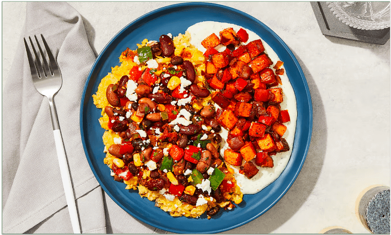 Vegetarian Tamale Bowl with Spiced Sweet Potatoes & Pickled Jalapeño Crema (510 calories)