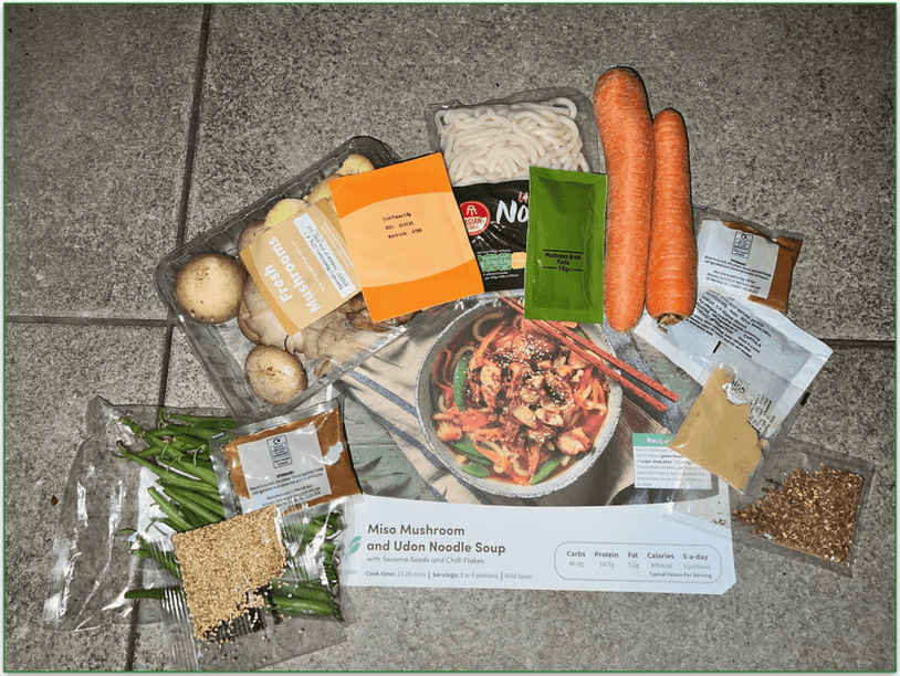 Ingredients for Miso noodles laid out in front of recipe card