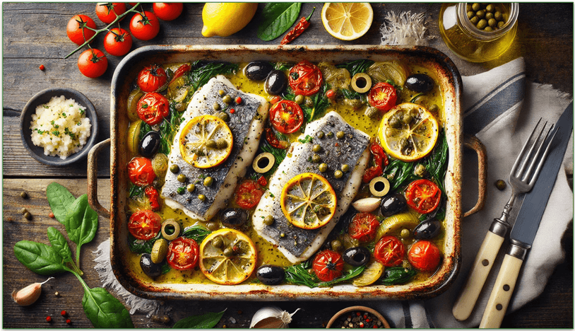 A baking dish with a Mediterranean-style rockfish dish