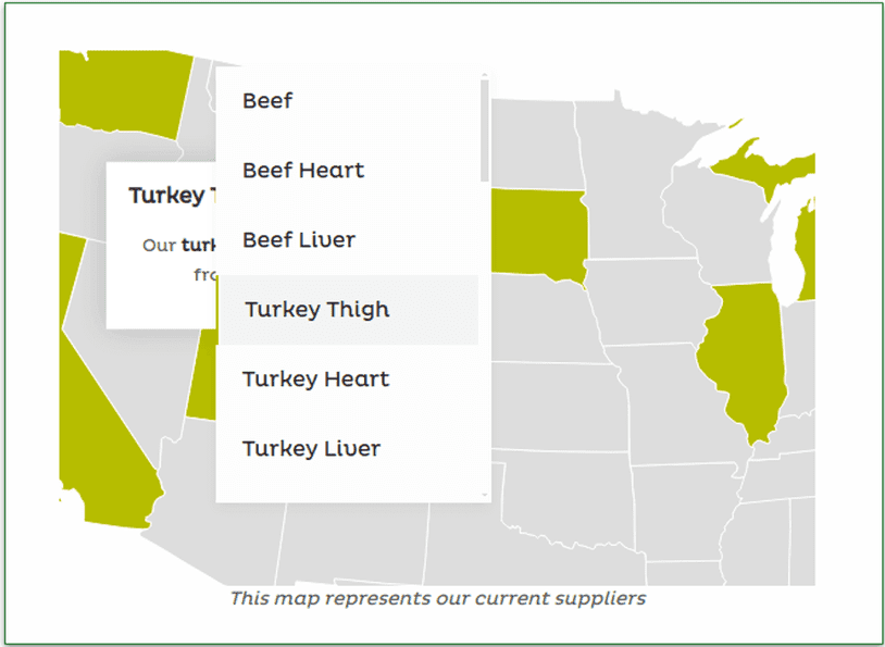 Raised Right's map that shows the source of each ingredient