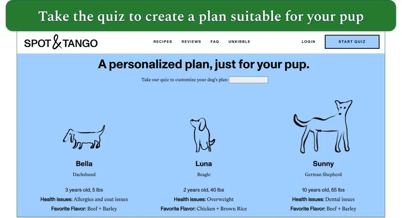 Screenshot of Spot & Tango’s website showing 3 plans for different breeds