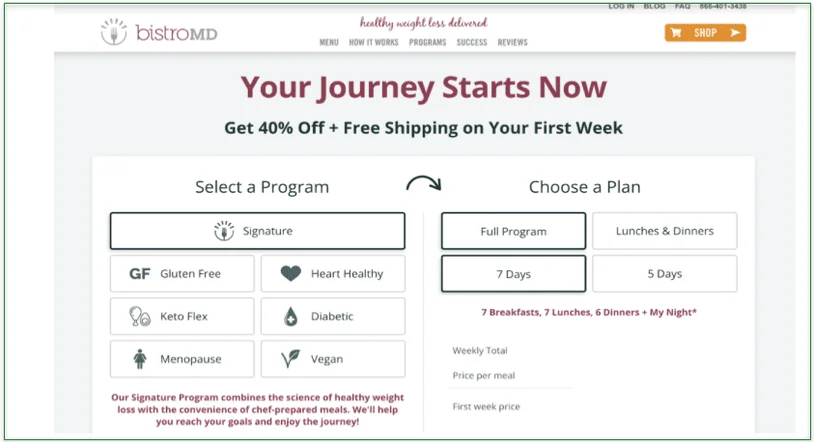 Screenshot of BistroMD's program and plan page