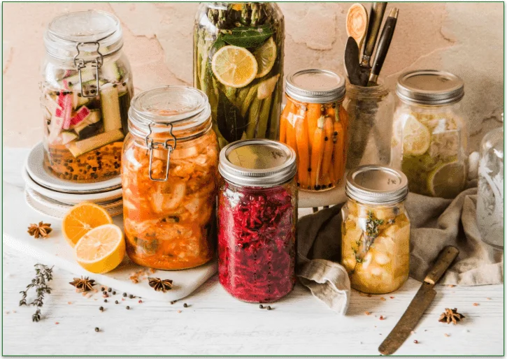 Variety of jars containing different fermented foods