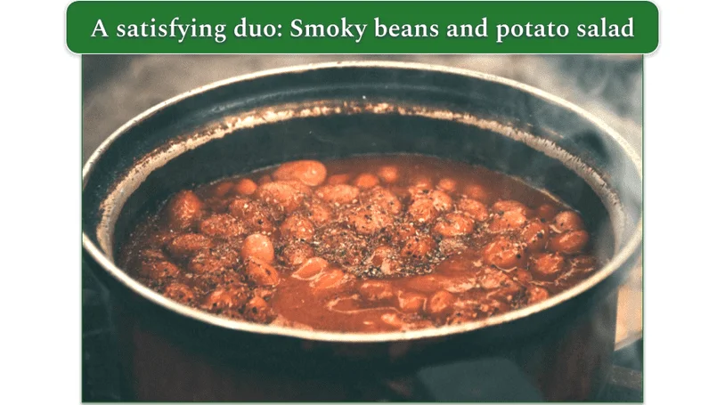 Smoky baked beans simmering in a pot