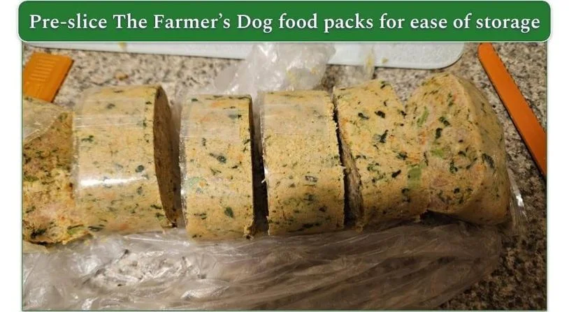 Photo of The Farmer's Dog meal pack sliced for ease of storage